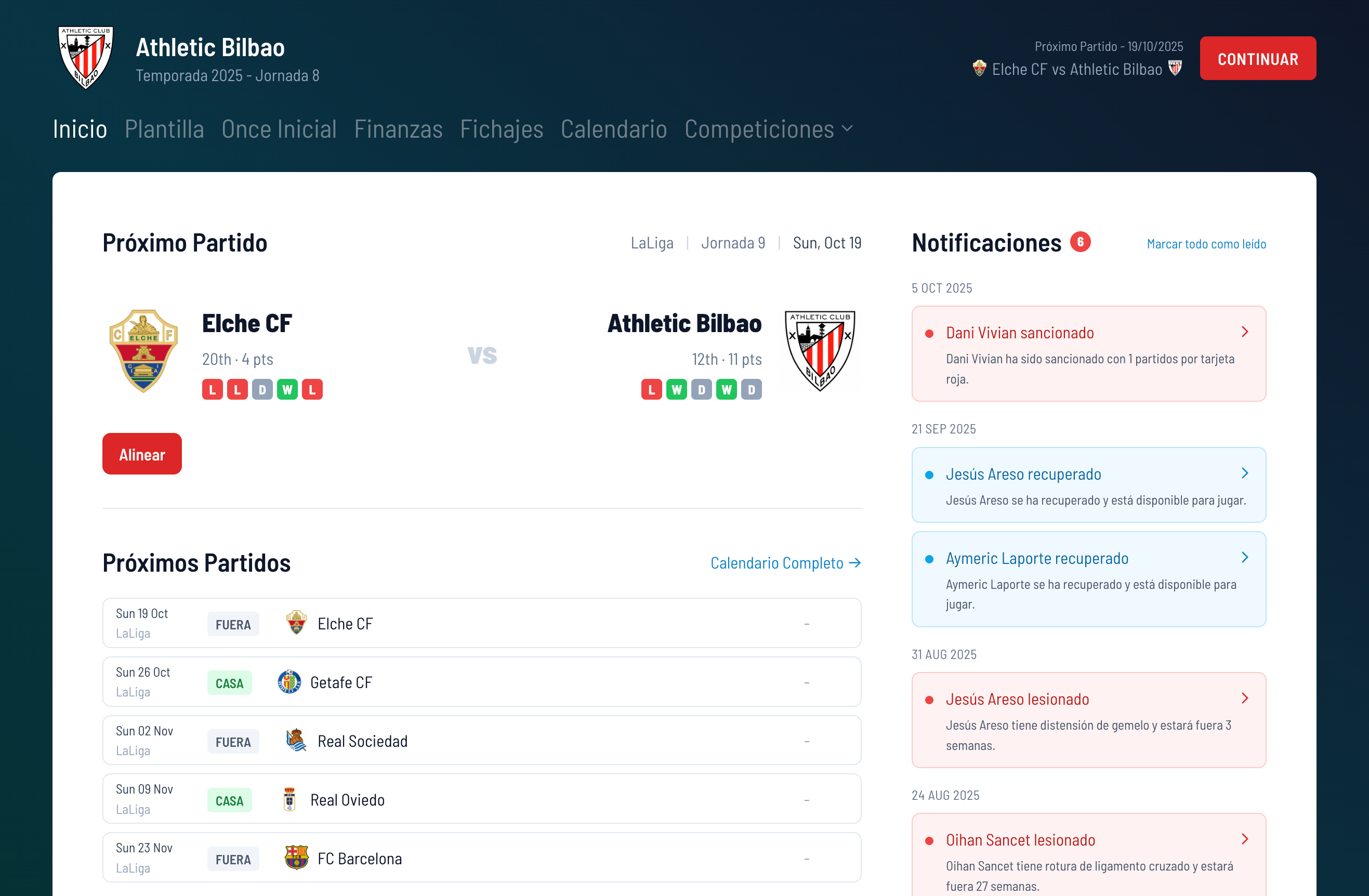 Panel Principal de Virtua FC